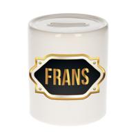 Spaarpot met voornaam Frans - wit - goud/zwart embleem - 8 x 9 cm - keramiek - afsluitdop