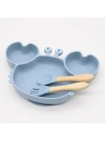 Baby Silicone Tableware, Cartoon Crab Plate, Wooden Spoon & Fork, Shatterproof, Baby Blue / one-size