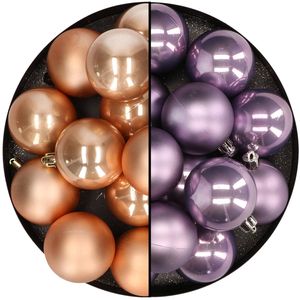 Kunststof kerstballen 6 cm - 24x stuks - lichtbruin en lila paars - Kerstbal