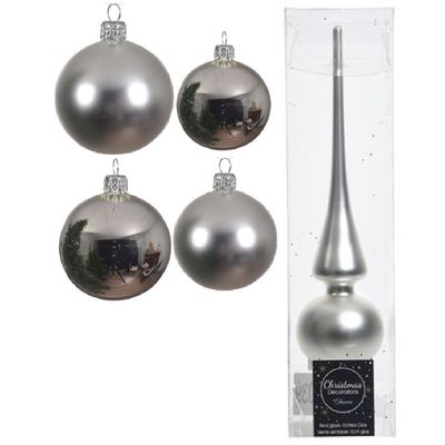 Glazen kerstballen pakket zilver glans/mat 38x stuks 4 en 6 cm met piek mat