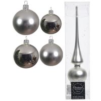 Glazen kerstballen pakket zilver glans/mat 38x stuks 4 en 6 cm met piek mat - thumbnail