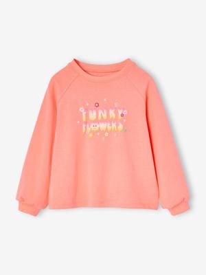 Meisjesshirt in sweaterstijl en opschrift in zwelinkt koraal