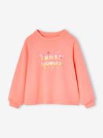 Meisjesshirt in sweaterstijl en opschrift in zwelinkt koraal