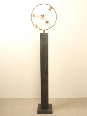 Bronzen sculptuur ring met 5 messing vlinders, Ø 32 cm