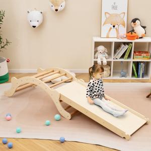 3 in 1 Klimladder Set Houten Boog Speelgoed met Klimmen en Glijbanen voor Kinderen 116 x 50 x 39 cm Naturel + Blauw
