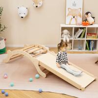 3 in 1 Klimladder Set Houten Boog Speelgoed met Klimmen en Glijbanen voor Kinderen 116 x 50 x 39 cm Naturel + Blauw