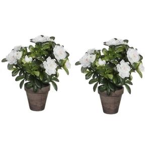 Mica Decorations Kunstplant - 2x - Azalea - groen/wit - 27 cm - Met mooie bloemen