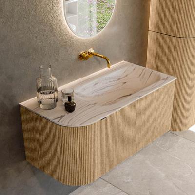 Badmeubel Mondiaz Kurve-Dlux | 95 cm | Meubelkleur Oak | Wastafelkleur Nata | Solid surface | Wasbak rechter zijde spoelbak | Zonder kraangat(en)