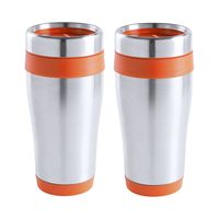 Warmhoudbeker/thermos isoleer koffiebeker/mok - 2x - RVS - zilver/oranje - 450 ml - thumbnail