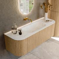 Mondiaz KURVE-DLUX 140 cm Onderkast Greeploos 1 Lade Met Deuren Oak, Wastafel Solid Surface Midden Opalo 0 Kraangaten Zonder Spiegel (KRVBGS140L+R1L2D0KM-Oak/Opa)