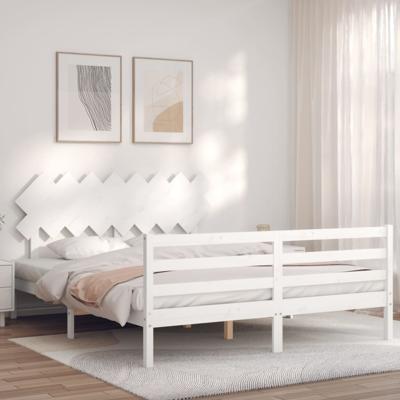 Bedframe met hoofdbord massief hout wit 160x200 cm