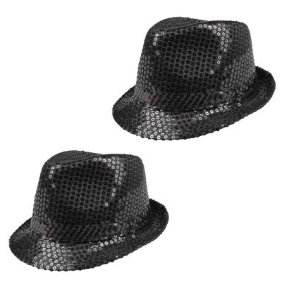 Boland Carnaval verkleed trilby hoedje - 2x - pailletten - Zwart - volwassenen - Glitter and Glamour