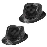 Boland Carnaval verkleed trilby hoedje - 2x - pailletten - Zwart - volwassenen - Glitter and Glamour