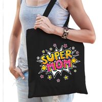 Super mom popart katoenen tas zwart voor dames - cadeau tasjes - Feest Boodschappentassen