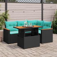 5-delige Loungeset met kussens poly rattan zwart