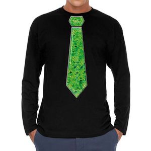 Verkleed shirt voor heren - stropdas pailletten groen - zwart - carnaval - foute party - longsleeve