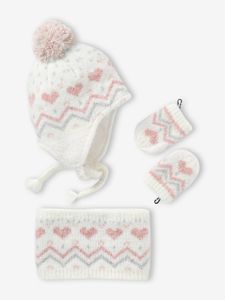 Set van babymeisjes jacquard gebreide muts + snood + wanten ecru