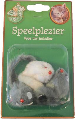 Kattenspeelgoed blisterpak a 3 bontmuis grijs/wit 5 cm - Gebr de boon