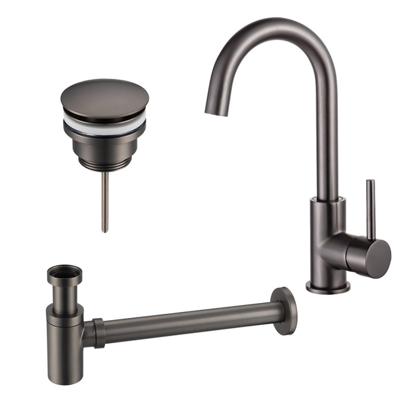 Fortifura Calvi Wastafelkraanset - hoge wastafelkraan - draaibare uitloop - klikwaste plug - verlaagde design sifon - Geborsteld Gunmetal PVD SW809350/SW767288/SW767295