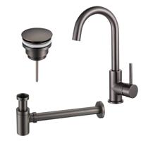 Fortifura Calvi Wastafelkraanset - hoge wastafelkraan - draaibare uitloop - klikwaste plug - verlaagde design sifon - Geborsteld Gunmetal PVD SW809350/SW767288/SW767295