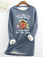 Women's Owl Coffe Book Funny Crew Neck Text Letters Simple Loose Fleece Sweatshirt - thumbnail