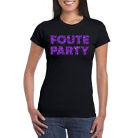 Foute Party t-shirt - zwart - met paarse glitters print - dames - korte mouwen