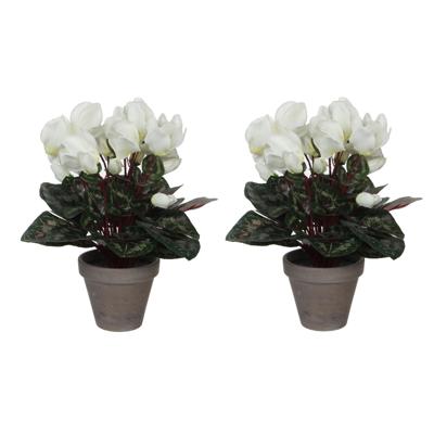 Mica Decorations Kunstplant - 2x stuks - cyclaam - wit - in pot - 30 cm