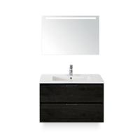 Porto Badmeubelset 90 cm - Black Oak - Keramische Wastafel Wit Slim - met Sence Spiegel