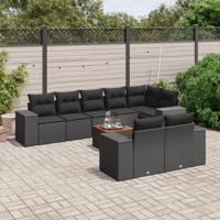 9-delige Loungeset met kussens poly rattan zwart