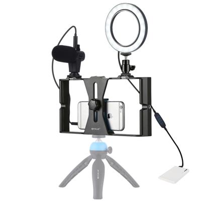 PULUZ 3 in 1 VLogging live broadcast smartphone video rig + microfoon + 4 6 inch ring LED Selfie licht kits met koude schoen statief hoofd voor iPhone