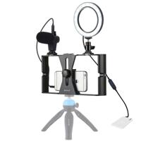 PULUZ 3 in 1 VLogging live broadcast smartphone video rig + microfoon + 4 6 inch ring LED Selfie licht kits met koude schoen statief hoofd voor iPhone