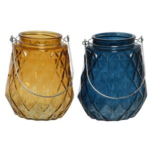 Set van 2x stuks theelichthouders/waxinelichthouders ruitjes glas cognac en donkerblauw 11 x 13 cm