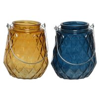 Set van 2x stuks theelichthouders/waxinelichthouders ruitjes glas cognac en donkerblauw 11 x 13 cm