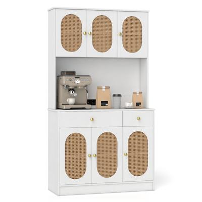 180 cm Hoge Keukenkast Met PE-vlechtwerkdeuren Laden Verstelbare Planken En Geïntegreerd Oplaadstation