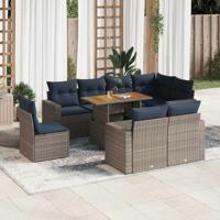 9-delige Loungeset met kussens poly rattan grijs