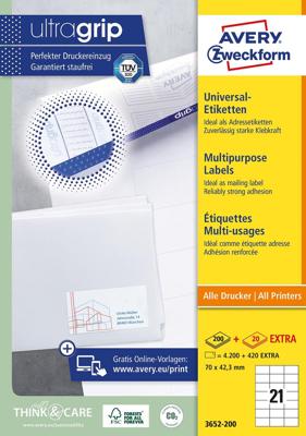 Avery Zweckform 3652, Universele etiketten, Ultragrip, wit, 200 vel, 21 per vel, 70 x 42,3 mm