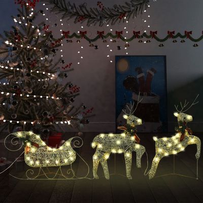 VidaXL Kerstdecoratie rendieren en slee 60 led's goudkleurig