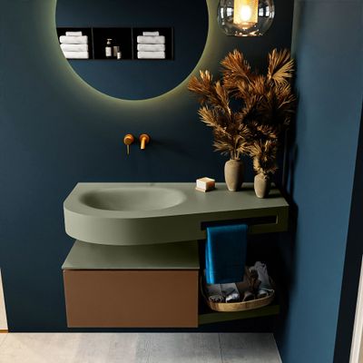 MONDIAZ RIVA 100cm badmeubel onderkast / planchet kleur Rust met 1 lade. Wastafel DULCET links 0 kraangaten kleur Army. MONDIAZ RIVA 100cm badmeubel onderkast / planchet kleur Rust met 1 lade. Wastafel DULCET links 0 kraangaten kleur Army.