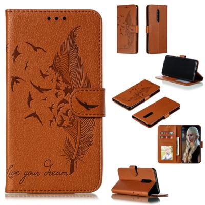 Feather patroon Litchi textuur horizontale Flip lederen draagtas met portemonnee & houder & kaartsleuven voor OnePlus 7 Pro (bruin)