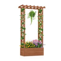 Verhoogde Tuin met Latwerk Houten Plantenbak met Hangend Dak Afwateringsgaten voor Klimplanten Bloemen Groenten-Bruin