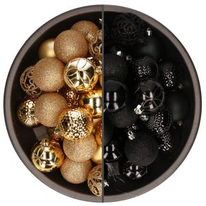 74x stuks kunststof kerstballen mix zwart en goud 6 cm