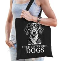 Cadeau tas voor hondenliefhebbers - zwart - Teckel hond - katoen - 42 x 38 cm