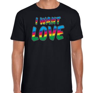 Gay Pride t-shirt met tekst - heren - zwart - I want love - LHBTI