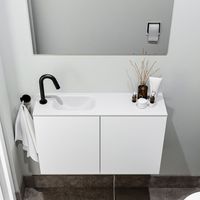 Zaro Polly toiletmeubel 80cm mat wit met witte wastafel met kraangat links - thumbnail