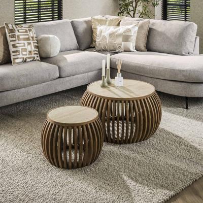 LifestyleFurn Ronde Salontafel 'Beckie' Mangohout en travertinlook, Set van 2 stuks