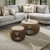 LifestyleFurn Ronde Salontafel 'Beckie' Mangohout en travertinlook, Set van 2 stuks