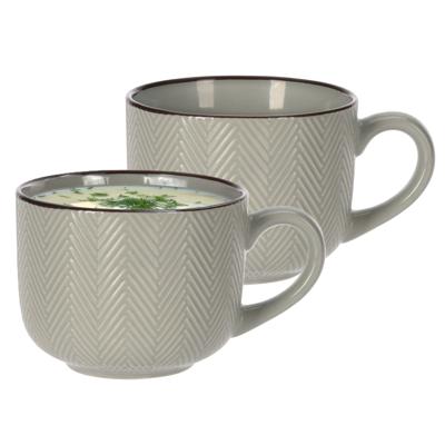 Soepkom Fishbone - 2x - lichtgrijs - 12 x 9 cm - keramiek - kommetjes met oor - 560 ml Soepkom Fishbone - 2x - lichtgrijs - 12 x 9 cm - keramiek - kommetjes met oor - 560 ml