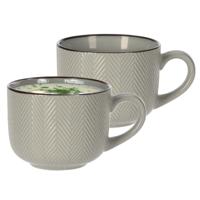 Soepkom Fishbone - 2x - lichtgrijs - 12 x 9 cm - keramiek - kommetjes met oor - 560 ml
