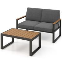 2-Delige Tuinset met Tweezits Salontafel Aluminium Tuinmeubelset met Armleuningen en Hout-Kunststof Top Beklede Bank Grijs