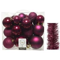 Kerstversiering kunststof kerstballen 6-8-10 cm met folieslingers pakket framboos roze van 28x stuks - Kerstbal - thumbnail